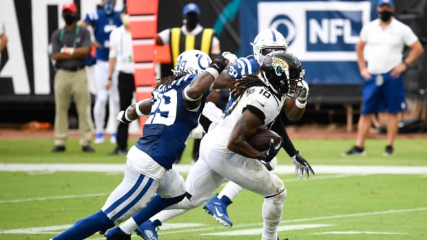Jacksonville Jaguars rookie wide receiver Laviska Shenault Jr. (10) beats Indianapolis Colts safety Malik Hooker (29) for his first NFL TD reception in Sunday's 27-20 Jaguars home win.